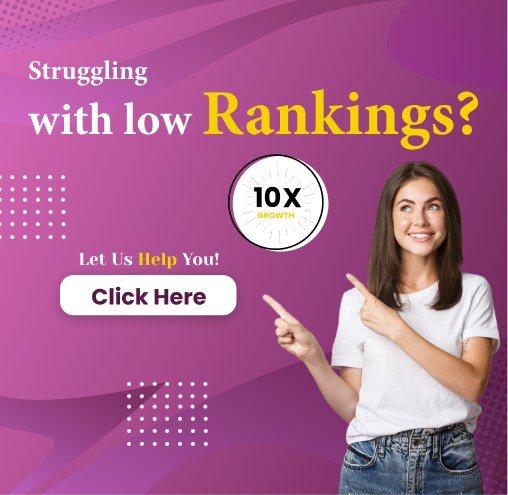 Web development, digital marketing, and local SEO services for higher rankings, woman pointing at text 'Want Higher Rankings? 10X Growth' with a 'Click Here' button